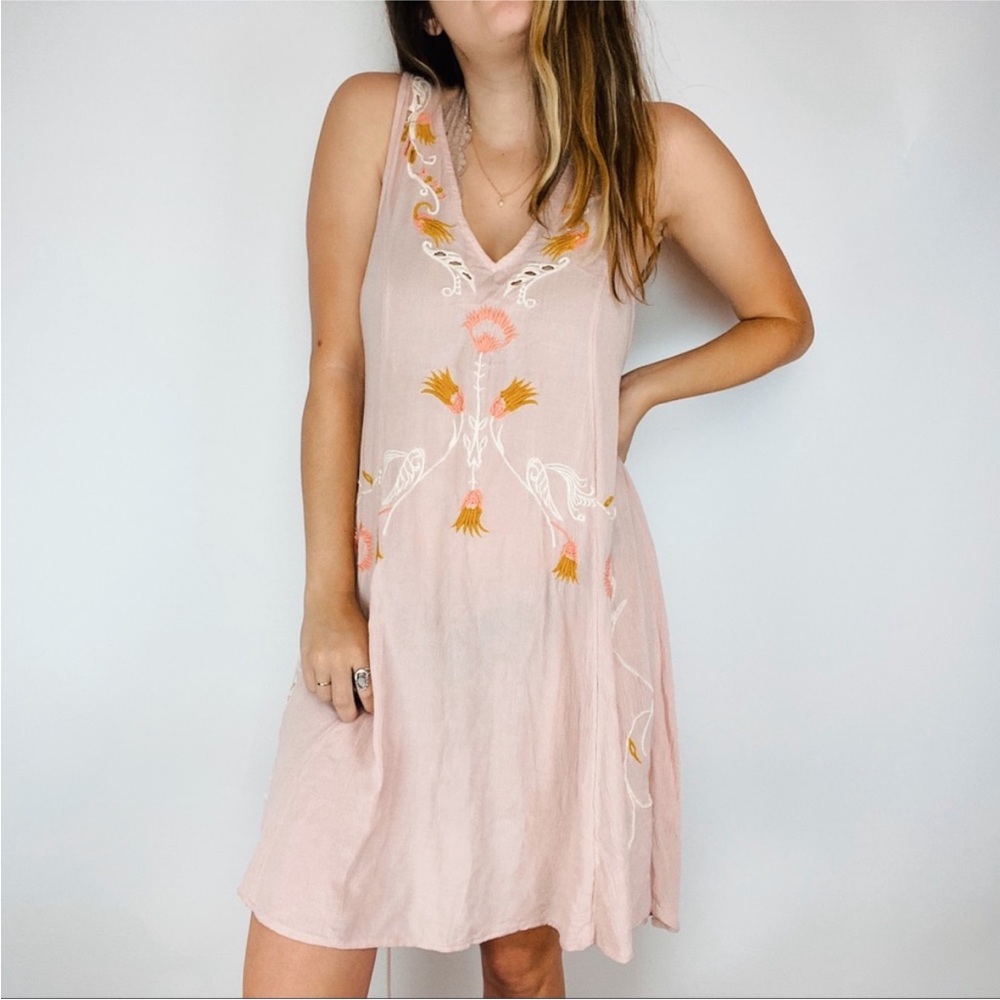 Free people blush pink embroidered lace up dress
